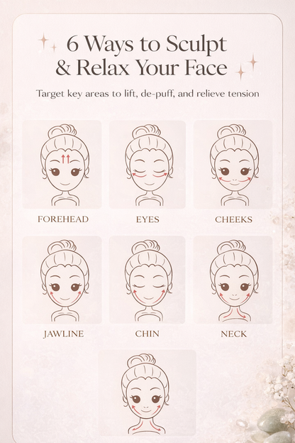 Illustrations of facial areas on how to sculpt and relax the face.