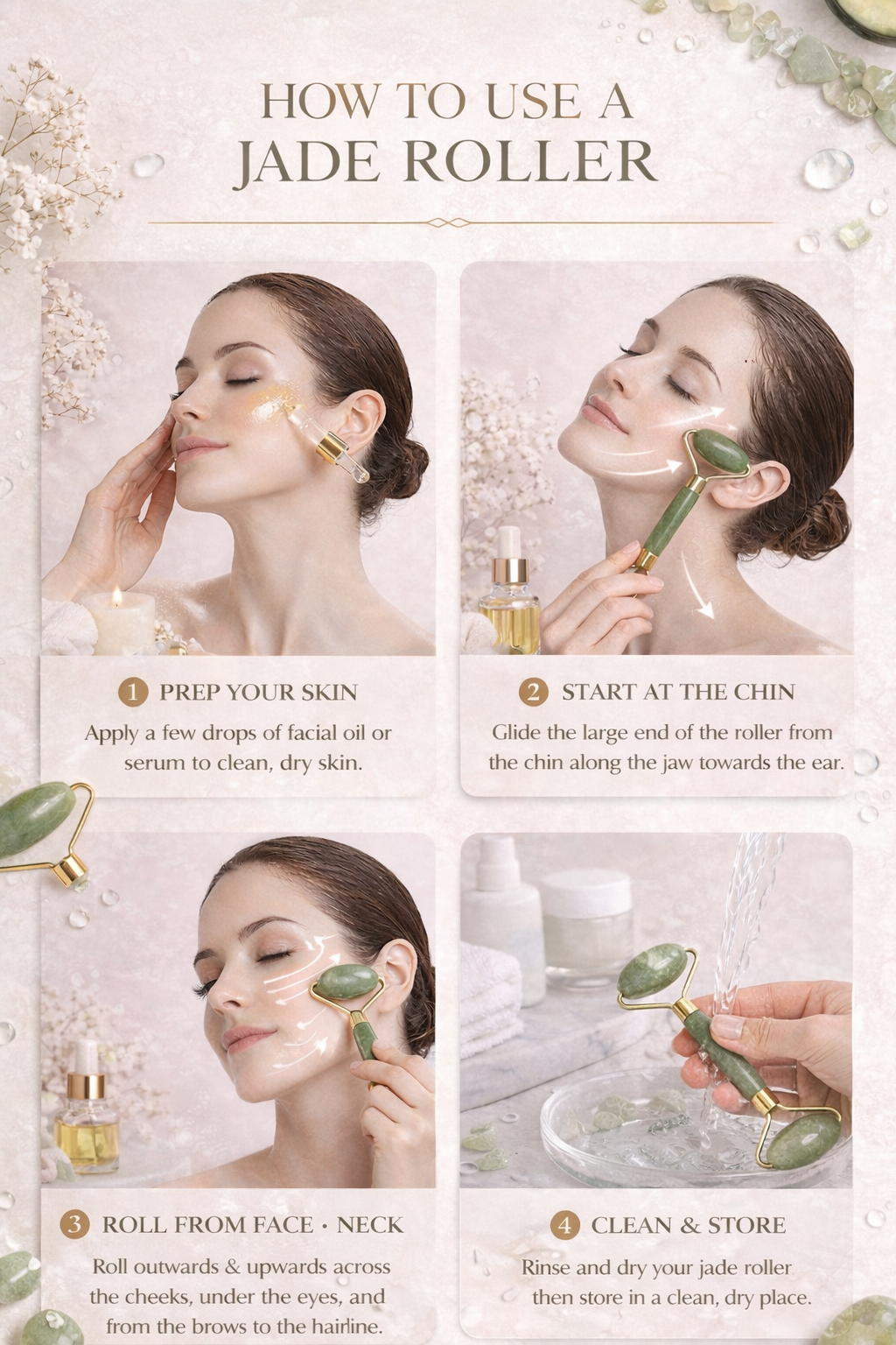Instructions on how to use a jade roller for skincare.